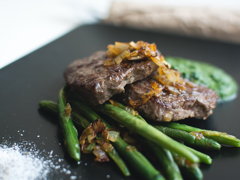 Paleo beef steak with vegetables
                 