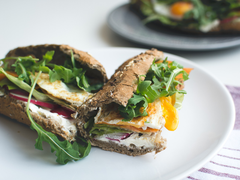 Healthy baguette with egg and vegetables

                    