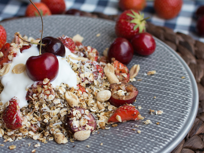 Granola with cherries and strawberries
                    